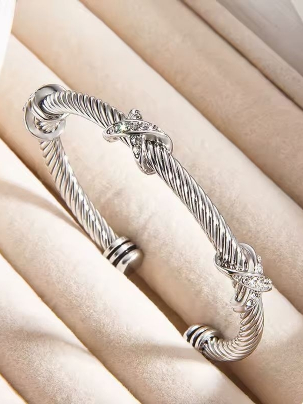 Silver-Tone Twisted Cable Cuff with Crystal Knot Details